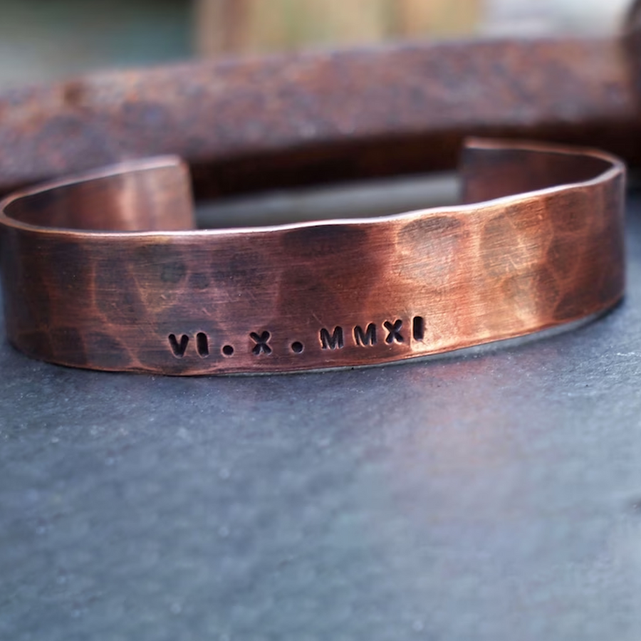 Men's Copper Bracelet, Oxidized Copper Cuff, Roman Numeral Bracelet, 7th Anniversary Gift