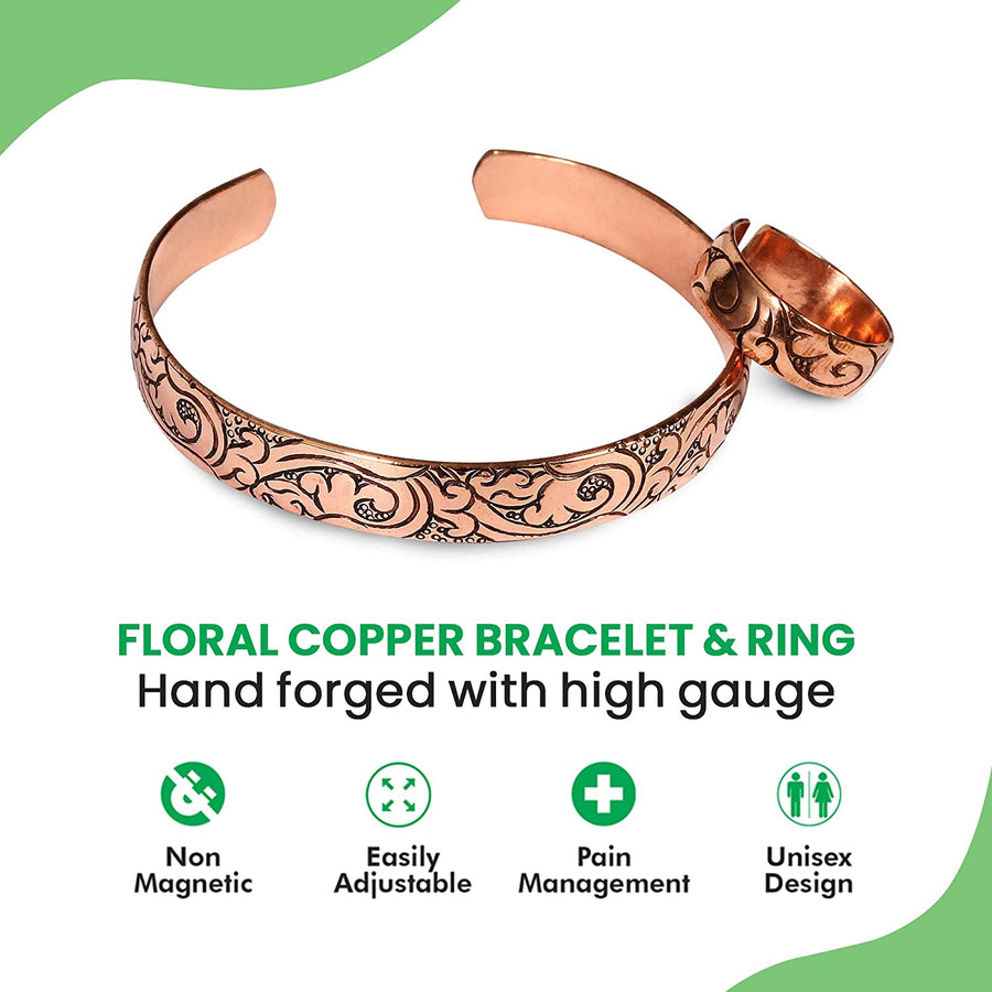 Floral Copper Bracelet with Thumb Rings