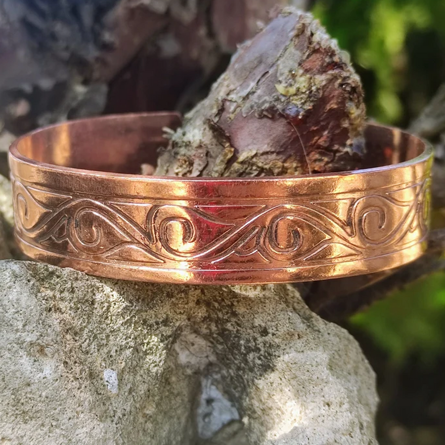 Set of 2 Linear Embroidered Solid Copper Bracelet Bangle